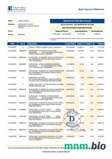 Szablon wyciągu bankowego Qatar Development, format Word i PDF